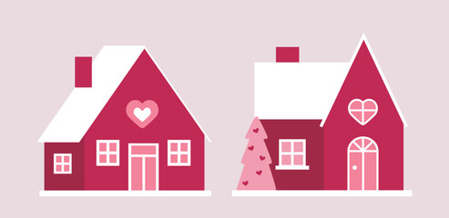Cute Valentine Cottage Clipart.
Set of Valentine&rsquo;s Day Love House flat Vector Illustration.
Valentine Love Shack House.
White background.