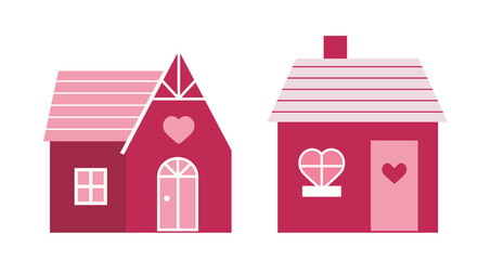 Cute Valentine Cottage Clipart.
Set of Valentine&rsquo;s Day Love House flat Vector Illustration.
Valentine Love Shack House.
White background.