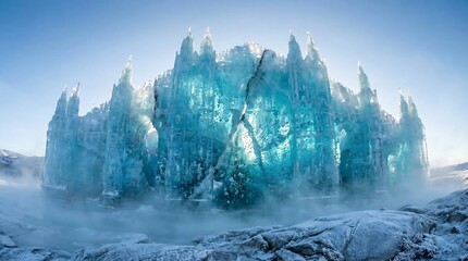 Majestic ice castle in frozen landscape with misty atmosphere