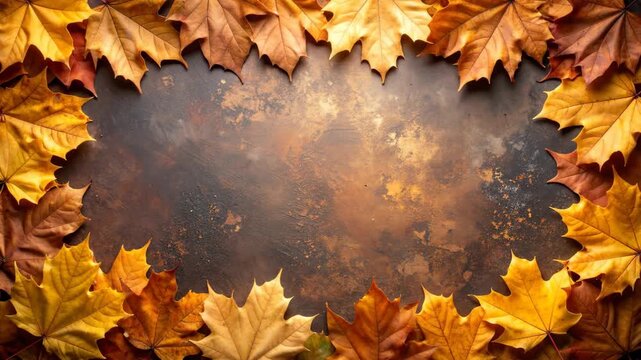 Autumn leaves frame a textured rustic background, showcasing vibrant fall colors for seasonal designs.