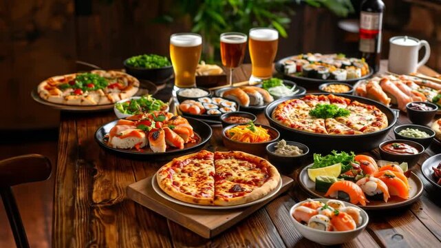 A lavish spread of delicious food including pizzas, sushi, salads, and drinks on a rustic wooden table, perfect for a celebration or gathering.