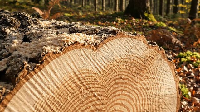Close-up view of a freshly felled conifer log showing detailed wood grain patterns in a natural forest setting with autumn foliage