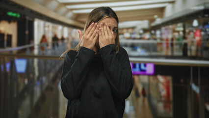 Young woman covering face with both hands while standing in a busy indoor shopping mall center near glass railing and storefronts; anxiety privacy shyness.