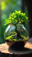 Tiny bonsai thrives within a glass orb; sunlight illuminates leaves , vibrant green, leaves