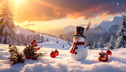 Two festive snowmen with hats and scarves on snowy surface, holly berries and blurred Christmas lights.