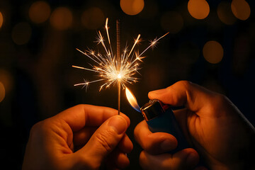 Close up of hands using a cigarette lighter to light a sparkler at night with golden bokeh background lights for celebration