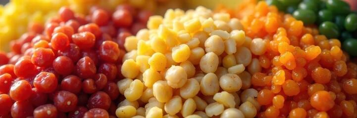 Vibrant close-up of colorful lentils, chickpeas, and quinoa , cooking, colorful