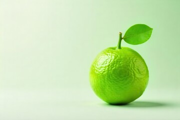 Vibrant green lime, single, with fresh leaf attached , botanical, food