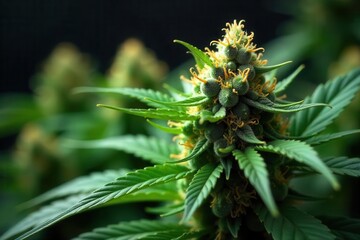 Vibrant green cannabis buds, glistening resin, flower, medical