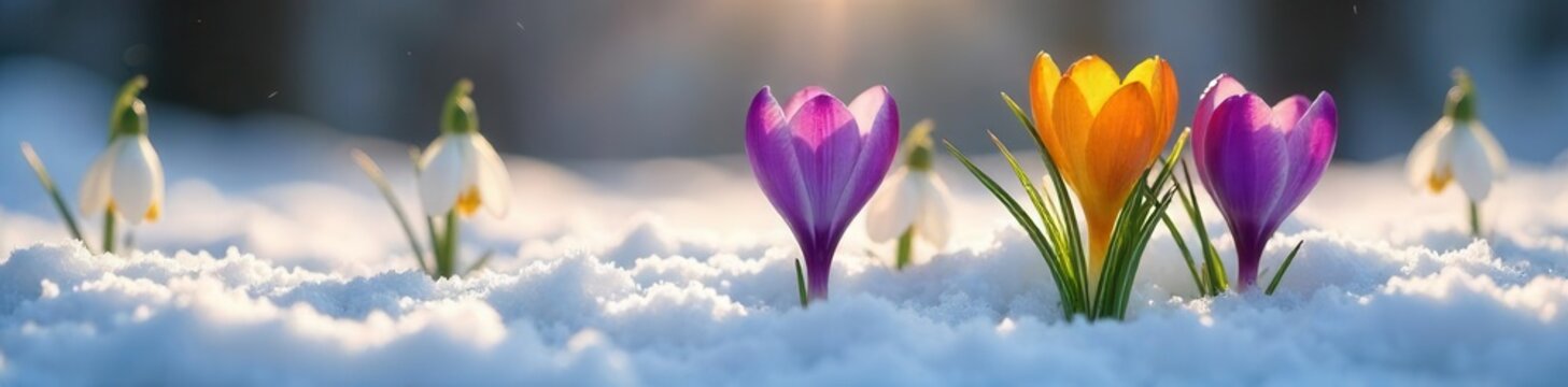 Vibrant crocus & snowdrop blossoms pushing through melting snow , crocus, wildflowers