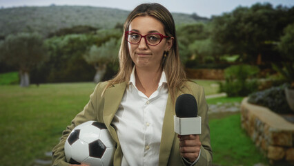 Woman reporter holding microphone and soccer ball in a green park field, wearing glasses and blazer, holding mic toward camera with puzzled face; doubt awkwardness.