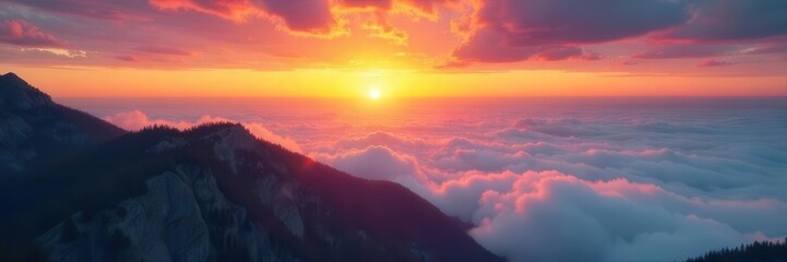 Warm sunset illuminates mountaintop above swirling cloud inversion, ethereal glow, golden hour, magical