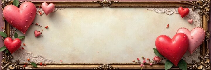 Vintage styled Valentine's backdrop, lace, antique frame, muted tones, refined, affection