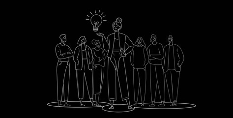 Minimalist line art of team with central figure and light bulb symbolizing leadership, innovation, and collaborative creativity © mmizan
