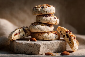 Obraz premium Stack of Cavallucci cookies with cranberries, almonds on soft fabric, warm lighting. Concept of rich pastry from Siena, capturing Italian festive spirit.