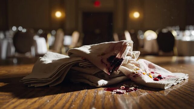 Crumpled stained linen napkins forming a limp heap on a dark wooden table in an abandoned event setting
