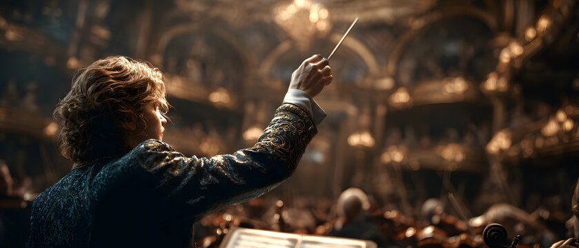 Female orchestra conductor leading musicians on a concert stage under dramatic warm lights, creating an inspiring classical music performance atmosphere.