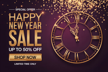 Special happy new year offer happy new year sale discount advertising promotion up to 50 percent off shop now