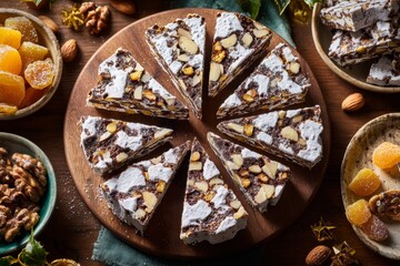 Obraz premium Cavallucci arranged on rustic wooden plate, enhanced by warm lighting. Concept of festive atmosphere, rich pastry experience capturing Siena Italian tradition.