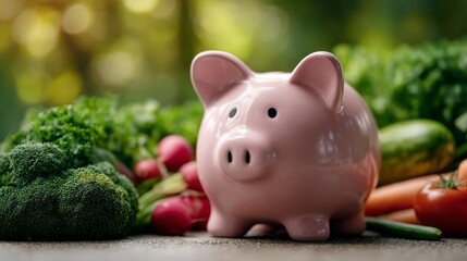 A piggy bank is sitting on a table with a variety of vegetables, including broccoli, carrots, and tomatoes. The piggy bank is pink and has a smiley face on it
