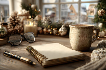 A cozy holiday desk setup featuring a blank notebook, glasses, a warm cup of coffee, and festive decorations ready for note taking, planning, or creative writing during Christmas and New Year