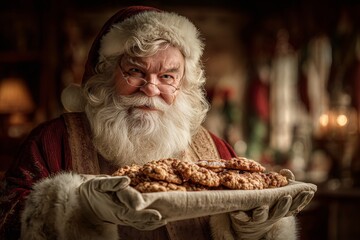 Naklejka premium Elderly man dressed as Santa Claus holding tray of Cavallucci cookies. Concept of festive celebration in rustic setting with rich pastry from Siena, Italian traditions.