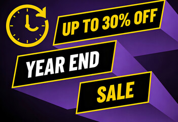 Year end sale with up to thirty percent off and happy new year clock countdown on modern promotional discount advertisement