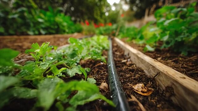 Medium shot of a drip irrigation hose laid across a vibrant green garden bed showcasing efficient water delivery to growing plants