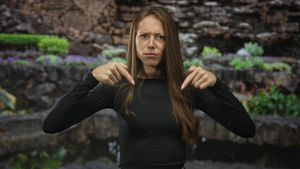Woman pointing both index fingers at herself in street garden by a stone wall, frowning with pursed lips and raised brows; frustration.