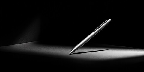 Elegant Pen Under Spotlight: A sleek, silver pen rests gracefully under a focused spotlight, casting a dynamic shadow against the contrasting dark background.