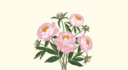 Naklejka premium Soft and elegant bouquet of pink peony flowers and buds with green leaves arranged together on a light cream colored background.