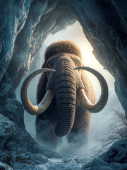 Majestic woolly mammoth standing at the entrance of a frozen ice cave. Giant prehistoric animal with massive curved tusks in a snowy winter landscape. Dramatic cinematic lighting and fog.