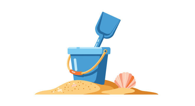 Summer beach themed illustration of a blue plastic sand bucket and matching shovel on a small sand dune with a pink seashell nearby.