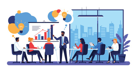 Corporate business meeting scene with a professional man giving a presentation using a chart to a diverse team of colleagues in an office.