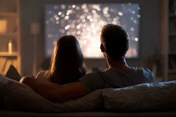 Couple watching a streaming movie on a couch at home, view from back