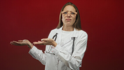 Fototapeta premium Woman doctor with stethoscope holding open hands palms up in red studio wearing lab coat and glasses; professional doubt.