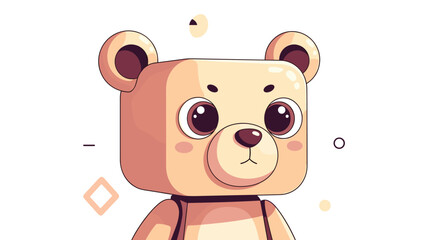 Fototapeta premium Adorable teddy bear character with large expressive eyes and a soft peach colored body stands against a white background with decorations.
