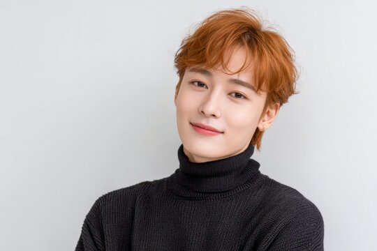 a young korean man with red hair, wearing a black turtleneck, poses against a white background
