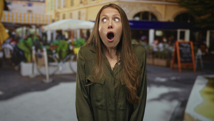Fototapeta premium Young woman with open mouth gasping on a busy street cafe near sidewalk tables and umbrellas, facing camera with wide eyes; surprise.