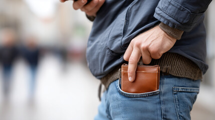 Ultra-realistic street photography scene capturing the exact moment a pickpockets hand is sliding into the back pocket of a mans jeans, where a leather wallet is clearly visible.