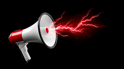 Dynamic megaphone announces urgent message, bold red graphic design, arrow shape element, call to action visualization, communication concept, with copy space