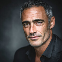 Fototapeta premium A close-up portrait of a mature man with silver hair and striking blue eyes, exuding confidence and charisma against a dark background.