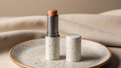 Beautifully packaged cream makeup stick in a warm tone resting on a speckled ceramic dish with a soft neutral fabric background