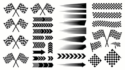 Collection of black and white racing flags, speed lines, and chevron arrows for motion graphics, concept for motorsport design , competitive promotion and speed visualization 