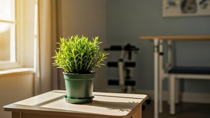 Potted Green Plant on Table in Bright Rehabilitation Room for Wellness Blogs, Interior Design Websites, Home Decor Articles, and Nature Awareness Content