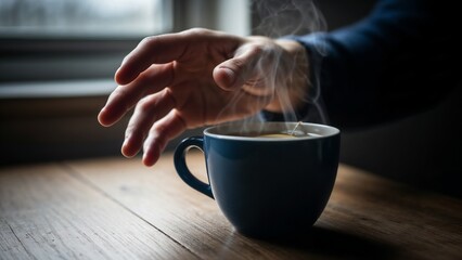 Hand Reaching for Steaming Coffee in Blue Mug on Wooden Table for Morning Routine Blogs, Cozy Kitchen Websites, Relaxation Articles, and Social Media Food Content