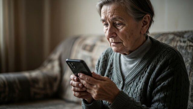 Elderly Woman Seeking Crisis Support on Phone in Cozy Living Room for Blogs, Seniors' Resources, Mental Health Awareness, Community Services, and Social Media Education - Powered by Adobe