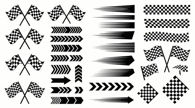 Collection of black and white racing flags, speed lines, and chevron arrows for motion graphics, concept for motorsport design , competitive promotion and speed visualization 