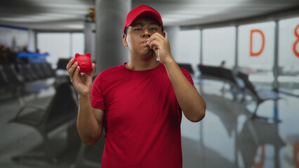 Hispanic man in red cap and tshirt holding piggy bank in airport terminal near gate seating,...