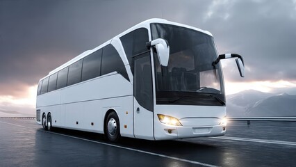 Modern white luxury coach bus driving on a wet highway against a dramatic sunset sky in a mountainous region. Long-distance travel, tourism, and transportation concept.